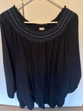 J. Jill Navy Blue Tunic with Blue Embroidered Smocking.